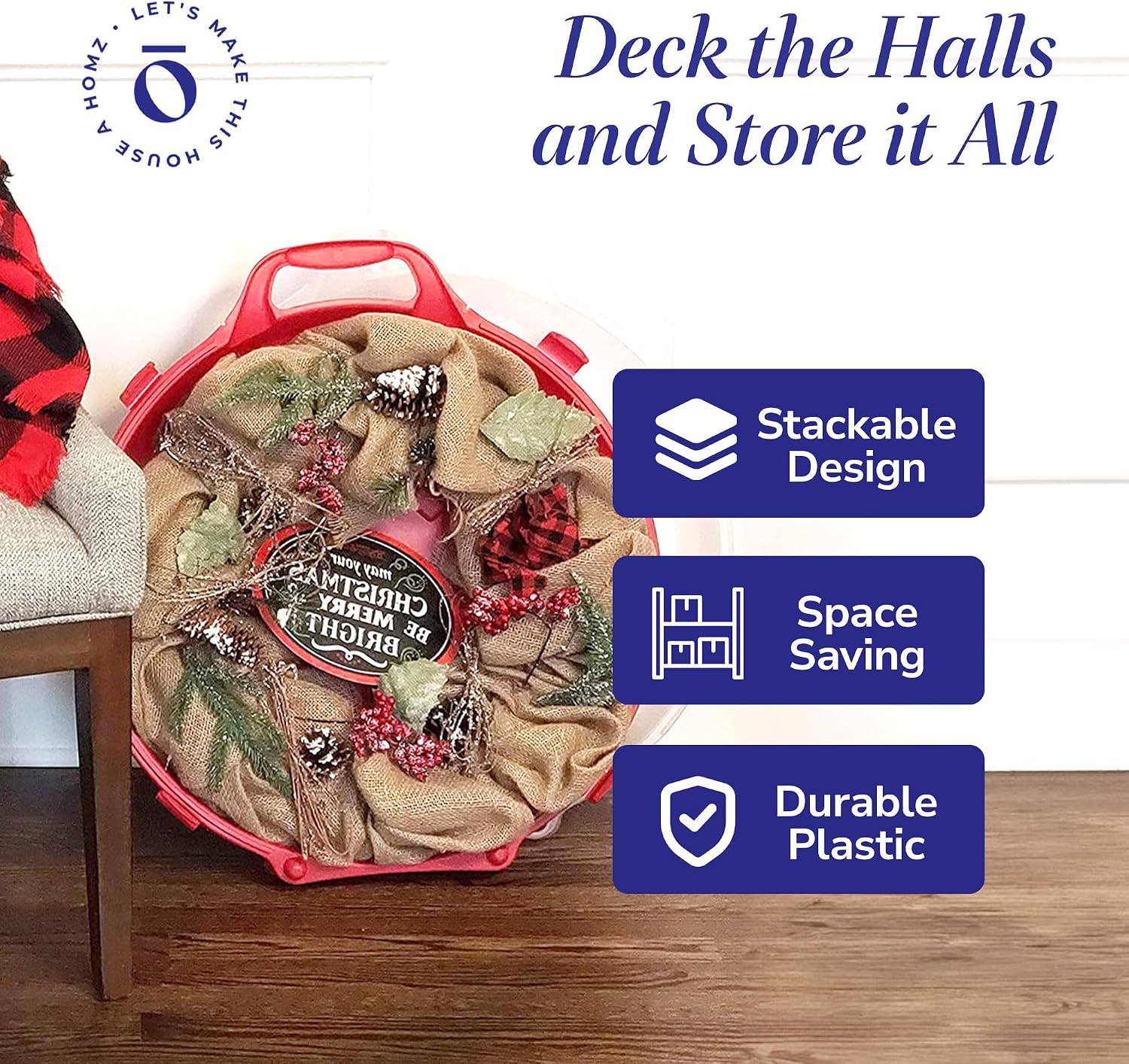 HOMZ 3-Pack Seasonal Holiday Decorative Wreath Storage Organizer. 24 Inch. Red & Clear - Round Plastic Christmas Decoration Holder for Wreaths and Garlands w/ 4-Way Latches Built-In Handle - Image 5