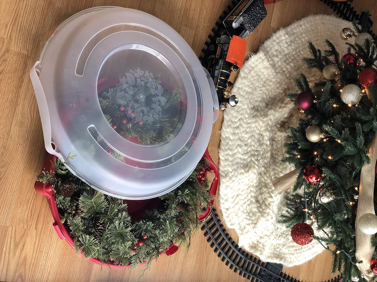 HOMZ 3-Pack Seasonal Holiday Decorative Wreath Storage Organizer. 24 Inch. Red & Clear - Round Plastic Christmas Decoration Holder for Wreaths and Garlands w/ 4-Way Latches Built-In Handle - Image 18
