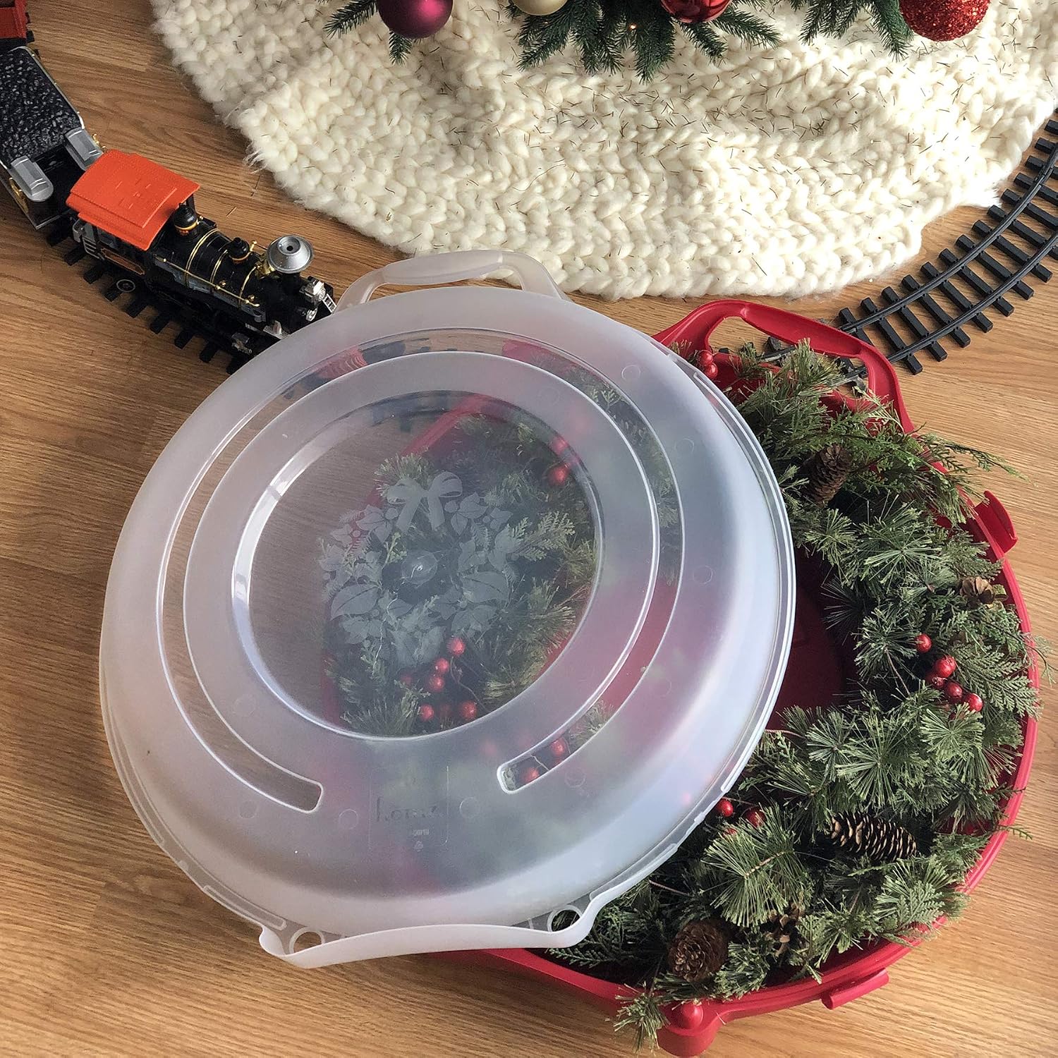 HOMZ 3-Pack Seasonal Holiday Decorative Wreath Storage Organizer. 24 Inch. Red & Clear - Round Plastic Christmas Decoration Holder for Wreaths and Garlands w/ 4-Way Latches Built-In Handle - Image 16